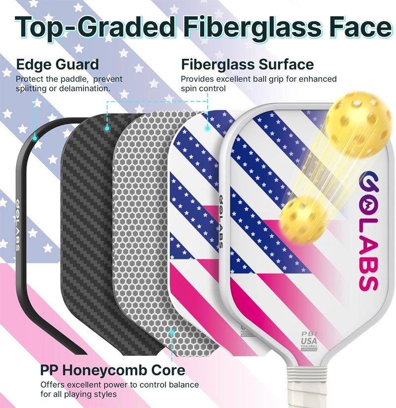 GOLABS PB1 Pickleball Paddles Set of 2, Durable Fiberglass Surface& 16mm STR-Core Power Polymer Core, USAPA Approved, 8oz Lightweight & Comfort Anti-Slip Elongated Grip for Increased Power and Spin - Image 3